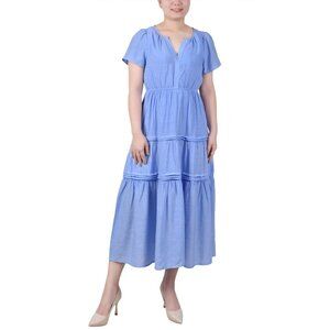 NY Collection Petite Short Sleeve Tiered Midi Dress Blue Size PM MSRP $54